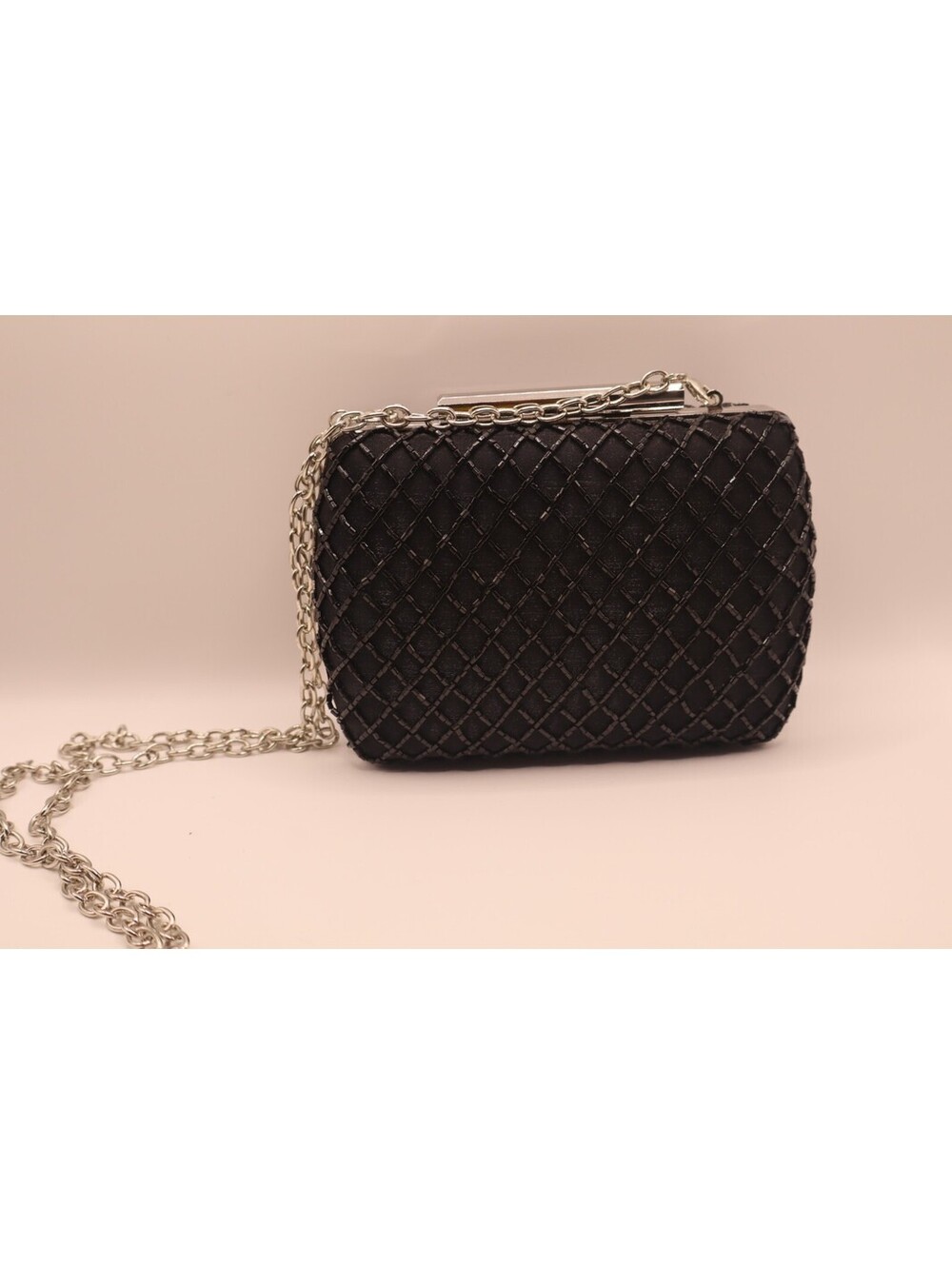 GLINT Black Quilted Satin Clutch Bag with Silver Chain Strap